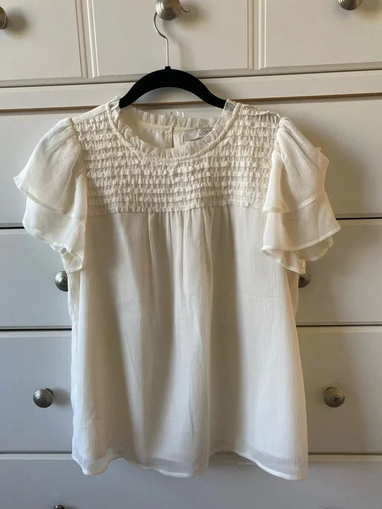 LOFT Cream Smocked Flutter Sleeve Blouse - Picture 1 of 2